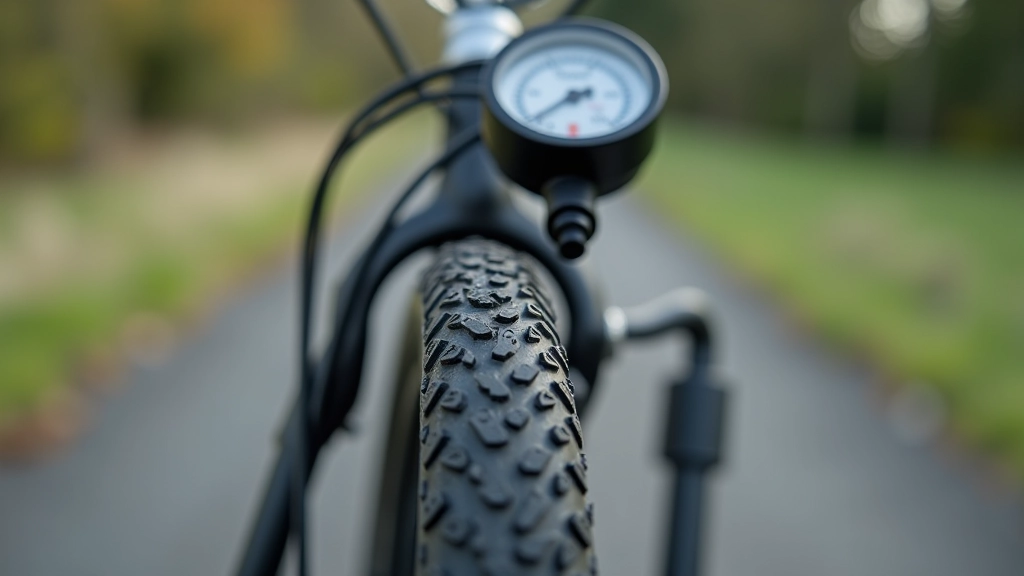 Close-up detail of bicycle tire tread and valve, being checked with a pressure gauge