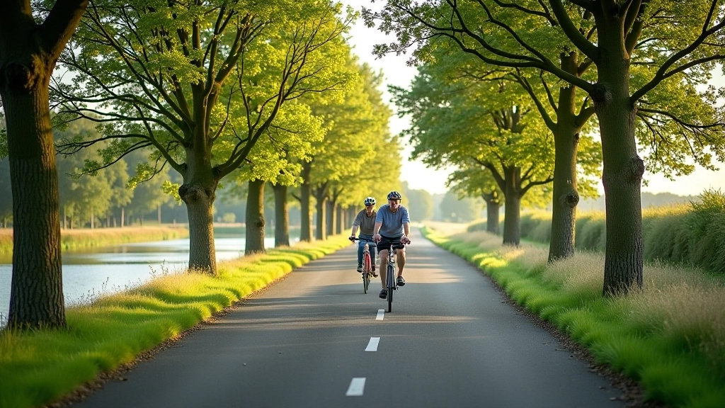Flat riverside cycling path with mature trees, smooth tarmac surface, clear sky, peaceful setting