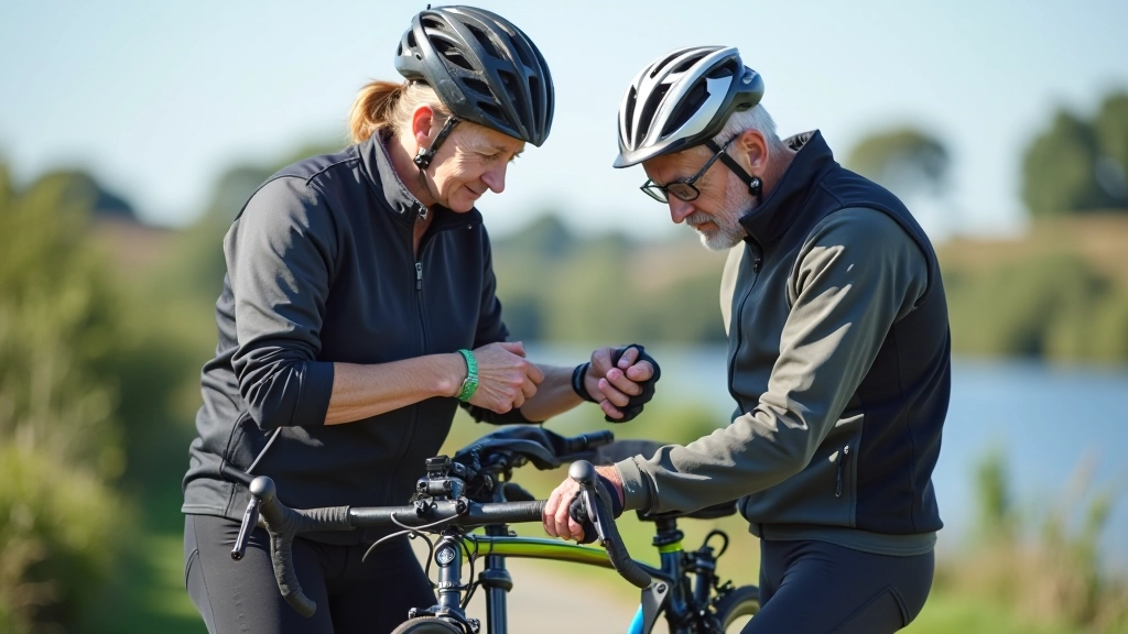 Cyclist performing basic bike maintenance and checks