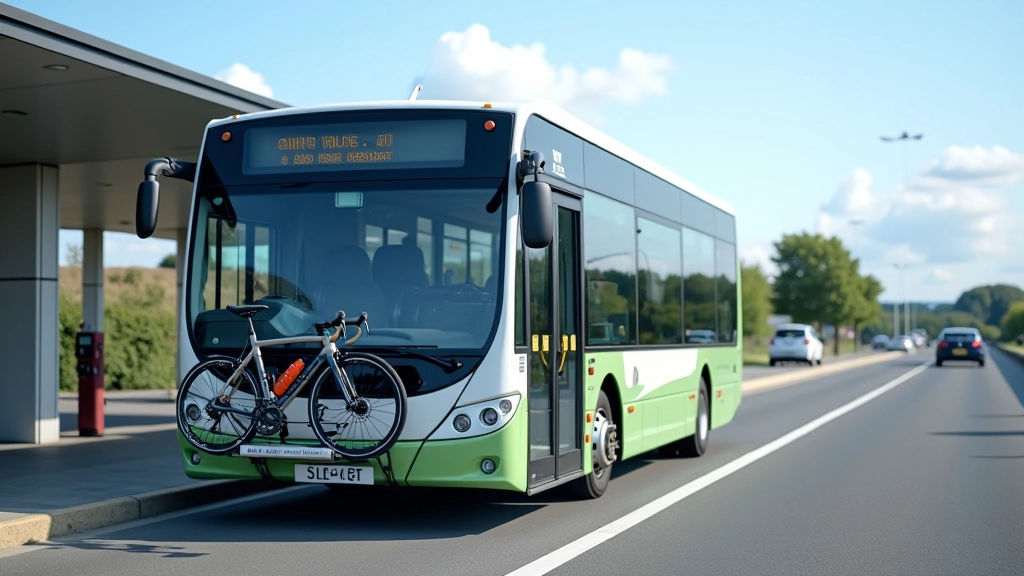 Bus with bicycle rack, modern public transport vehicle parked at riverside terminal, clear sunny day