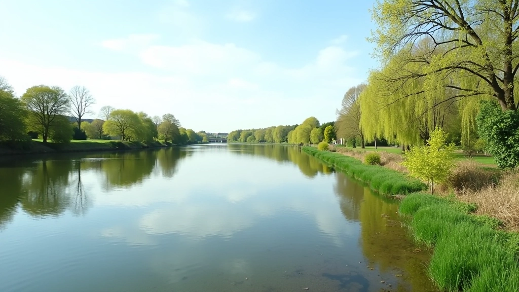 Peaceful riverside cycling environment with calm water and natural landscape, perfect for leisurely rides