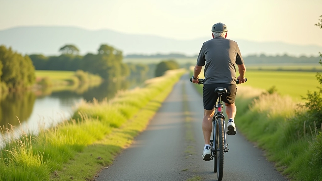 Scenic cycling path along the River Suir with calm water, green riverside fields, and morning sunlight